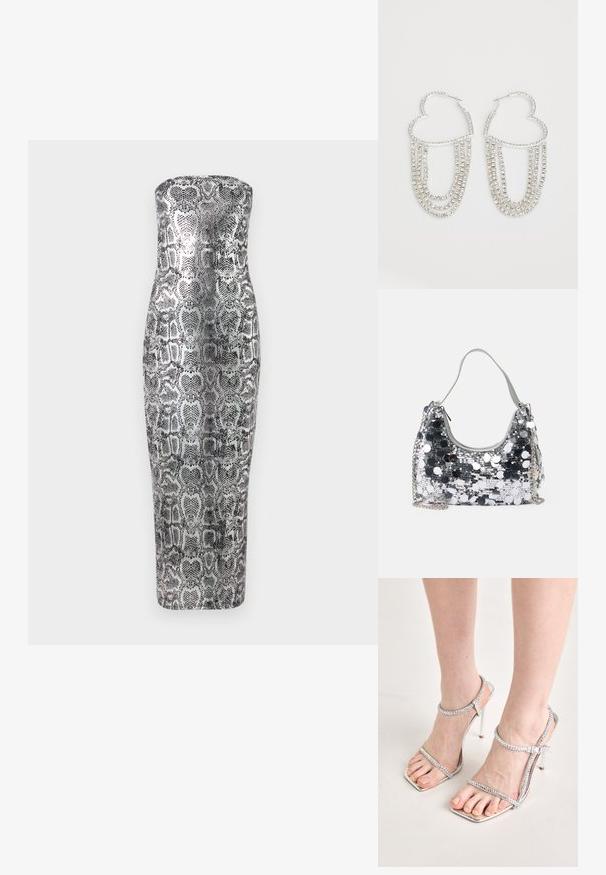 Vestido midi sin tirantes con estampado de serpiente, que presenta una silueta ajustada, textura suave y tonos metálicos en plata y negro.; Pies que llevan sandalias de tacón alto plateadas con correas finas y puntas cuadradas, de pie sobre una superficie de color claro.; Bolso de mano plateado con forma redondeada, una asa suave y una correa de cadena plateada. Presenta un cierre de cremallera y acentos reflectantes.; Pendientes de aro plateados en forma de corazón, con hebras en cascada de strass transparentes que aportan un brillo y textura adicionales.