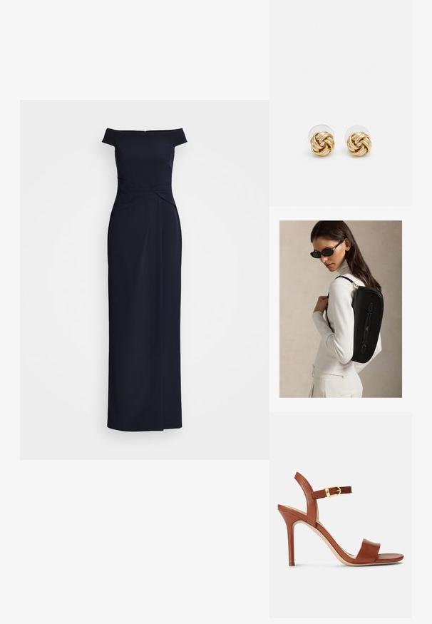 Vestido azul marino sin hombros con un busto ajustado, detalle delantero torsionado y falda hasta el suelo. Hecho de una tela suave con una silueta estructurada.; Sandal de tacón alto de cuero marrón con un diseño elegante, correa ajustable en el tobillo y un sutil acento de hebilla dorada. De punta abierta y textura suave.; Mujer con gafas de sol negras y suéter de cuello alto blanco lleva un elegante bolso negro de hombro sobre un fondo neutro.; Pendientes de botón en tono dorado con un diseño retorcido. Cada pendiente cuenta con un respaldo circular transparente para una sujeción segura.