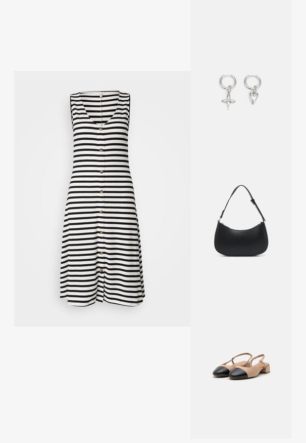 Robe sans manches rayée en noir et blanc, avec un col en V, une texture côtelée et sept boutons dorés sur le devant.; Chaussures slingback en cuir beige avec un bout capuchon noir, un talon block et une sangle ajustable. Texture lisse et design minimaliste.; Pieces PCALUANA SHOULDER BAG - Sac à main - black; Boucles d'oreilles en argent en forme de cerceau avec un charme croix et cœur. Texture lisse et brillante avec une finition polie. Chaque charmepend d'une boucle sécurisée.