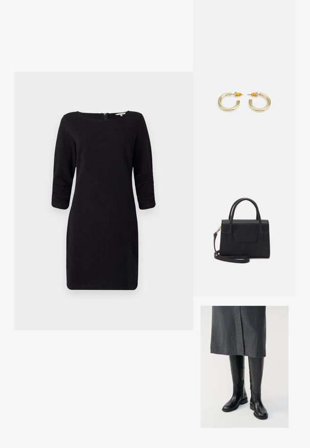 Sort kjole med trekvartærmer, scoop neckline, struktureret materiale og lynlås i ryggen, som tilbyder en tætsiddende silhuet.; Knæhøje sorte læderstøvler med en glat tekstur, lynlåse i siden og en flad sål. Støvlerne har et struktureret skaft og minimalt hardware.; Sort struktureret håndtaske lavet af læder med et topgreb, aftagelig skulderrem og detalje med frontklap. Guldhardware accenter.; Guldtonede hooop øreringe med en glat, rund form og en poleret finish. Har orange detaljer på bagsiden for sikker fastgørelse.