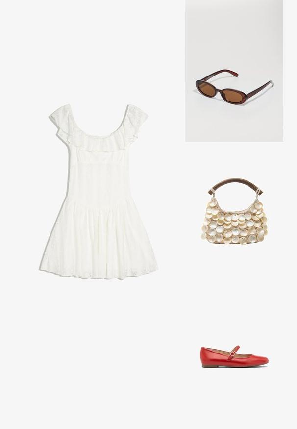Hvid kort off-shoulder kjole med blonderstof, flæsekant i halsudskæringen og skørtdel med vidde.; Røde læder ballet flats med en rund tå og et enkelt justerbart rem over vristen. Flad sål med minimal hæl. Enkel design.; Runde, bruntonede solbriller med en glansfuld bordeauxramme. Slanke arme med diskret brandingdetalje. Flad linsedesign.; Håndvævet beige taske med træhåndtag, pyntet med rækker af store, runde perlemorsskaller, der dækker forsiden.
