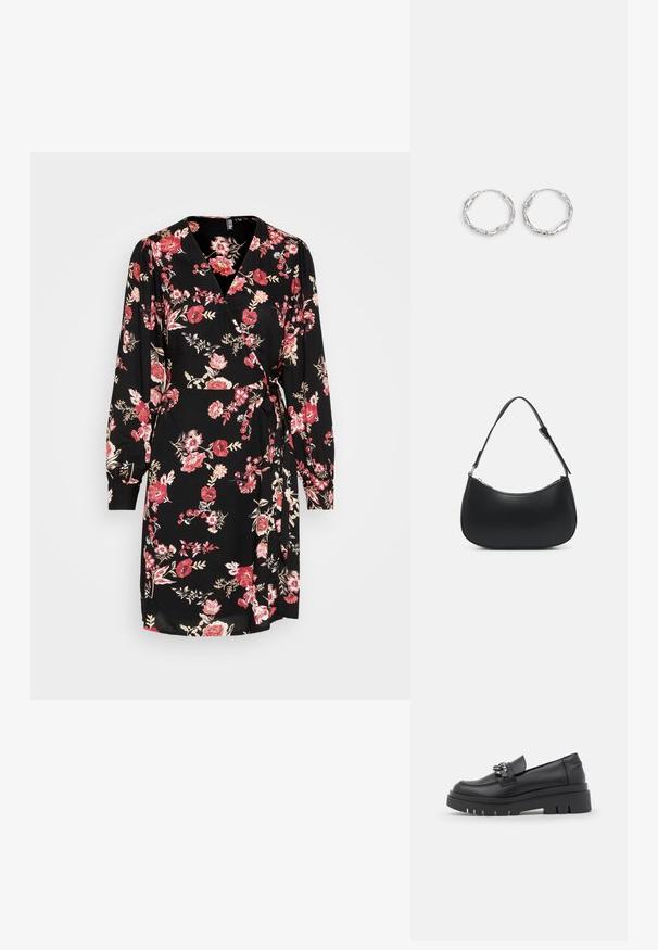 Pieces PCNYA WRAP - Hverdagskjole - beetroot purple; Sort loafersko med en kraftig platformsål, glat læderoverdel, dekorativ kædeaccent og let hæl med notched detalje.; Pieces PCALUANA SHOULDER BAG - Håndtasker - black; Sølv hoops med en bølget, uregelmæssig tekstur. Har en tynd, cirkulær form og en reflekterende finish.