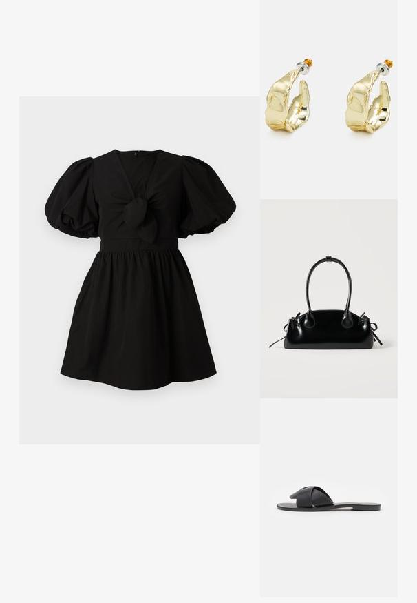 Vestido negro de mangas abullonadas con escote en V, cintura fruncida y detalle de nudo atado en la parte delantera. Confeccionado con una tela suave y ligera.; Sandalia negra sin hebillas con tiras cruzadas. Fabricada en cuero suave con una suela plana y costuras mínimas. Diseño simple de punta abierta.; Pequeño bolso negro brillante con dos asas largas y detalles de cordón lateral sobre un fondo claro liso.; Pendientes en tono dorado con forma de manos abstractas, que presentan una superficie brillante, detalles intrincados y un poste de plata y oro para un ajuste seguro.