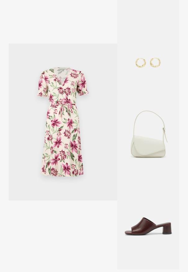 Vestido midi color crema con estampado floral rosa y verde, mangas cortas con volantes, escote en V, estilo cruzado y cinturón de lazo en la cintura.; Sandalias de slide abiertas de color burdeos oscuro, hechas de cuero suave, con un diseño redondeado y un tacón grueso para mayor estabilidad. Se muestra vista lateral.; Bolso de mano de imitación cuero blanco con una forma triangular estructurada, correa ajustable única y cierre con solapa acentuada en curva.; Pendientes de aro de oro con una superficie texturizada e irregular. Presentan un diseño ligero y una forma circular, aptos para el uso diario.
