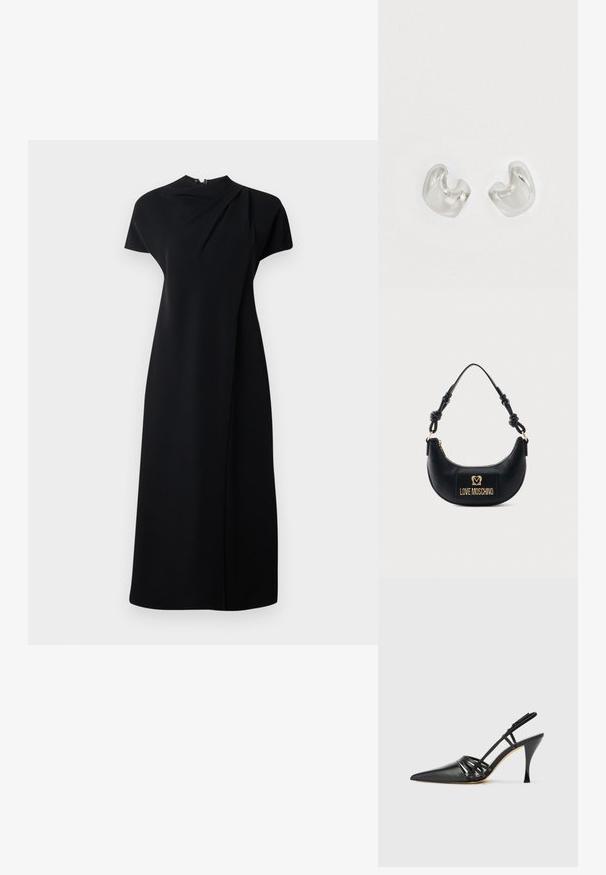 Sort kjole med høj hals, korte ærmer og en tætsiddende silhuet. Lavet af glat stof med draperede detaljer foran.; Sort læder højhælede slingback-sko med spids tå, crisscross-remdesign og slank stiletto-hæl. Glat tekstur og minimale accenter.; Sort halvmåneformet håndtaske med knyttet håndtag og guld "Love Moschino" logo plaque foran, lynlåslukning øverst.; Sølvmetaløreringe med et glat, buet design. Blank finish med to asymmetriske former, der delvist omslutter hinanden.