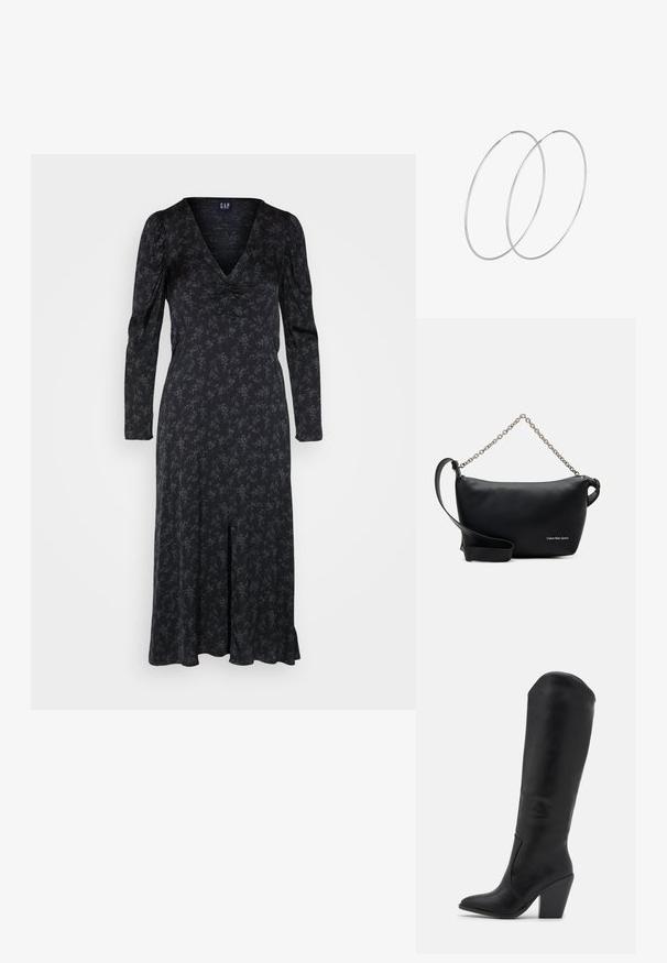 GAP PUFF MIDI - Cocktailjurk - black/multi; RAID LAKELYN - Laarzen met hoge hak - black; Calvin Klein Jeans SCULPTED ROUND CHAIN - Schoudertas - black; Zilveren hoepel oorbellen met een minimalistisch ontwerp. Cirkelvormig, gladde textuur en dun profiel. Lichtgewicht met een gepolijste afwerking.