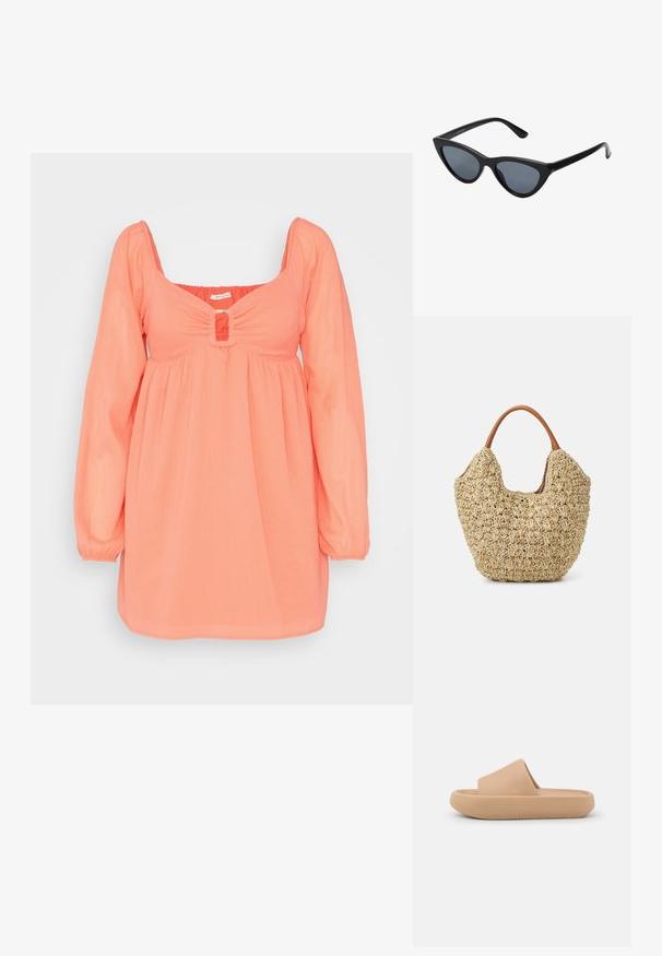 American Eagle RING FRONT BABYDOLL - Vestido informal - coral; Sandalia deslizante marrón con una tira gruesa y texturizada y una suela redondeada. Presenta un acabado suave y una parte inferior con tacos para mayor agarre.; Gafas de sol negras en forma de ojo de gato con lentes gris oscuro, marco de plástico elegante, esquinas puntiagudas y patillas rectas. Sin herrajes ni acentos visibles.; Bolsa de tote de paja trenzada con una textura natural y una forma suave y orgánica, con asas de cuero marrón para un fácil transporte.