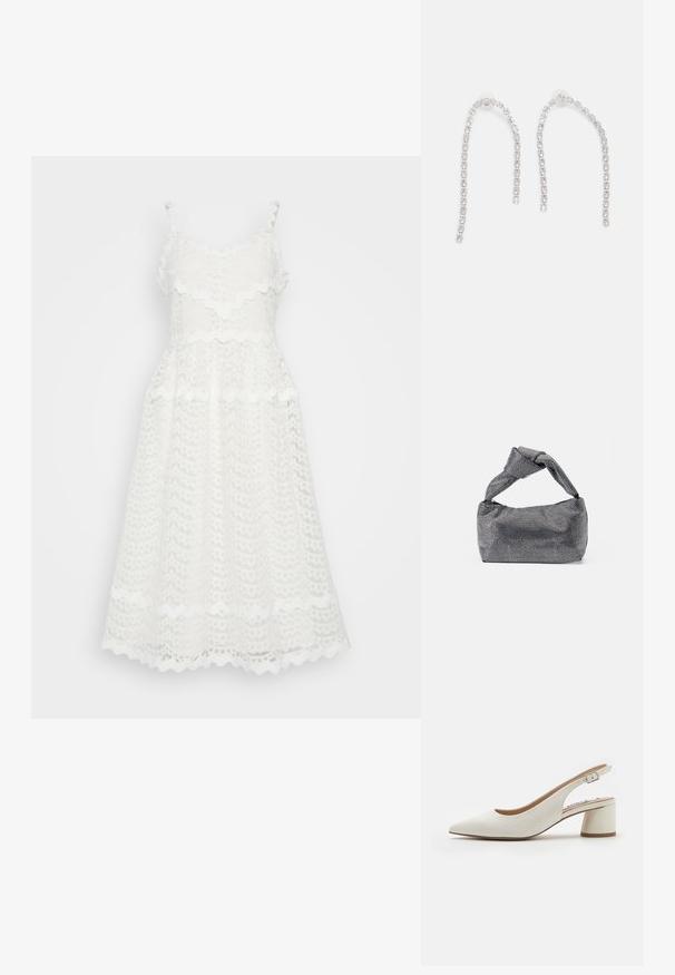 Hvid blondekjole med scalloped kanter, justerbare spaghettistropper og A-line silhuet med et tekstureret mønster.; Hvide læder slingback pumps med spids tå, mellemhøj blokhæl og justerbar rem. Glat tekstur; minimalistisk design.; Sorte og sølv håndtaske med en tekstureret overflade, der har et diamantmønster, en knyttet håndtag og en struktureret form.; Sølvøreringe med hængende kæder, prydet med flere klare ædelsten arrangeret i et lineært mønster, der giver en glitrende effekt.