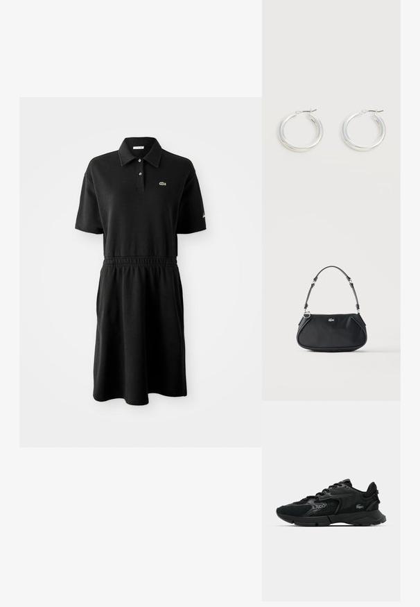 Schwarzes Polokleid mit kurzen Ärmeln, Kragen, zwei Knöpfen, elastischem Taillenbund und kleinem grünen Krokodil-Logo auf der Brust.; Schwarzer Sportschuh aus Mesh und synthetischen Materialien, mit strukturierten Akzenten, Schnürdesign und prominentem Logo an der Seite.; Schwarze Schultertasche mit verstellbarem Riemen, Reißverschluss und kleinem silbernem Krokodil-Logo vorne in der Mitte.; Paar mittelgroße glänzende silberne Hoop-Ohrringe mit dünnen Metallverschlüssen auf hellem neutralem Hintergrund.