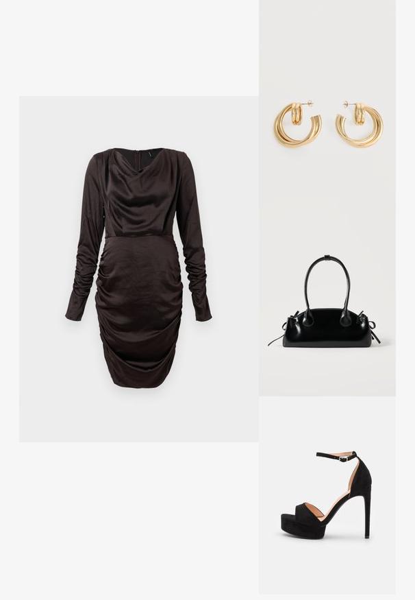 Robe longue en satin marron à manches longues avec un col drapé et des détails froncés sur le côté, présentant une silhouette ajustée et une fermeture éclair au dos.; Sandale à talons hauts en daim noir avec une semelle compensée, bride de cheville avec quincaillerie en argent, design à bout ouvert et texture lisse.; Petit sac à main noir brillant avec deux longues anses et des détails à cordon sur les côtés sur un fond clair uni.; Paire de boucles d'oreilles créoles doubles en or brillant avec attaches à tige sur fond blanc.