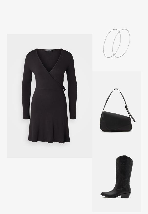 Even&Odd Petite Jerseykjole - black; Sort læder cowboystøvle med spids tå, lav stablet hæl og indviklet præget bladmønster på skaftet. Strop øverst for nem påtagning.; Sort læderhåndtaske med en triangular form, skrå klap og et rundt håndtag. Har en glat overflade og minimalistiske design detaljer.; Sølvøreringe med et minimalistisk design. Cirkulær form, glat tekstur og tynd profil. Letvægtige med en poleret overflade.