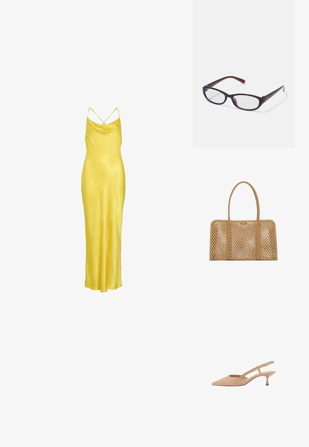 Gele satijnen slipjurk met watervalhals en dunne gekruiste spaghettibandjes, tot op de vloer, slim fit.; Puntige, naakte slingback hakken met een lage kitten heel, gemaakt van glanzend materiaal, met een slanke band en een verstelbare gesp.; Bruine plastic bril met een slanke, langgerekte vorm. Transparante glazen met een lichte paarse tint. Subtiele branding op de poot.; Rechthoekige lichtbruine geweven handtas met twee lange, gladde handvatten en een open rasterpatroon over het gehele lichaam van de tas.