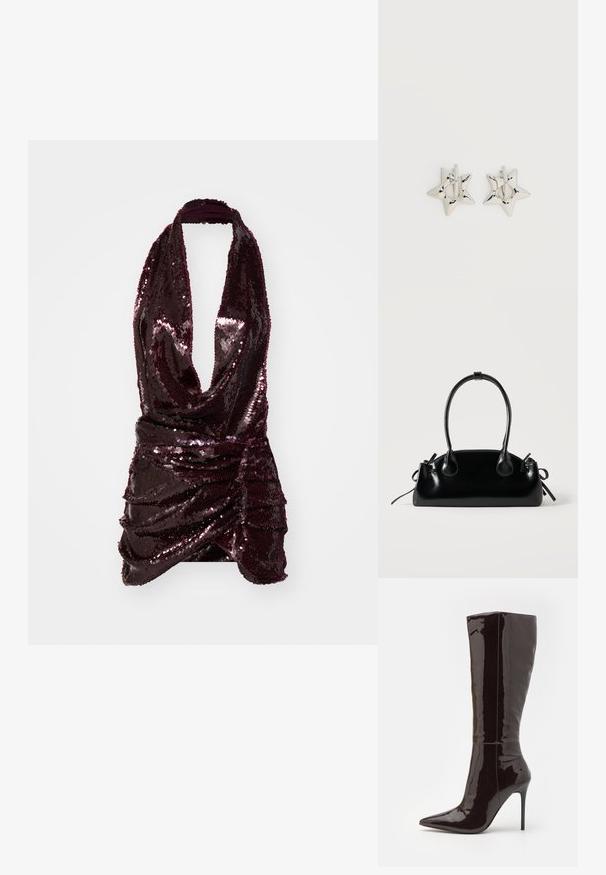 Haut halter bourgogne orné de sequins, avec un décolleté en V profond, des fronces à la taille et une texture de tissu lisse.; Even&Odd by Zalando Bottes à talons hauts - dark brown; Petit sac à main noir brillant avec deux longues anses et des détails à cordon sur les côtés sur un fond clair uni.; Boucles d’oreilles créoles en forme d’étoile argentée avec une finition lisse et polie sur un fond blanc uni.