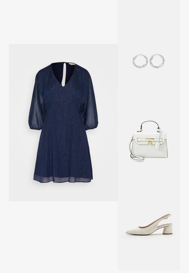 NAF NAF MARNOU - Cocktailkjole / festkjole - blue; Hvide læder slingback pumps med spids tå, mellemhøj blokhæl og justerbar rem. Glat tekstur; minimalistisk design.; Hvid håndtaske med krokodillemønster, guldfarvet hårdvare, top-håndtag og aftagelig skulderrem; har en låsefunktion og et minimalistisk design.; Sølv hoops med en bølget, uregelmæssig tekstur. Har en tynd, cirkulær form og en reflekterende finish.
