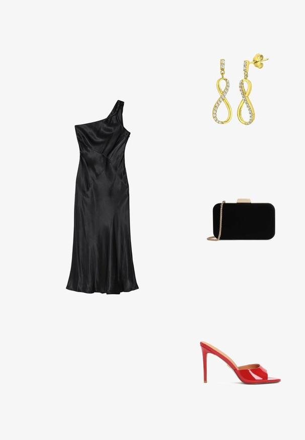 Robe asymétrique en satin noir avec un corsage ajusté et une jupe évasée, présentant des coutures diagonales et une texture lisse sur toute la surface.; Mule ouvert en cuir verni rouge au design épuré, avec un haut talon aiguille et un subtil détail découpé sur le dessus.; Pochette en velours noir avec quincaillerie dorée, de forme rectangulaire, et une bandoulière en chaîne, présentant une texture lisse et sans motifs visibles.; Boucles d'oreilles dorées en forme de symbole d'infini stylisé, ornées de cristaux transparents taillés en rond le long des bords. Fermeture à tige.
