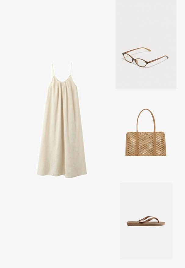 Losse, mouwloze beige maxijurk met dunne spaghetti bandjes en een geplooide halslijn, gemaakt van lichtgewicht, gestructureerde stof.; Enkele beige teenslipper met een gestructureerde zool en merknaam op het bandje, op een effen lichte achtergrond.; Bruine schildpadbril met ovale lenzen, dunne armen en transparante accenten. Heeft een subtiele logo op de tempel. Strak, lichtgewicht ontwerp.; Rechthoekige lichtbruine geweven handtas met twee lange, gladde handvatten en een open rasterpatroon over het gehele lichaam van de tas.