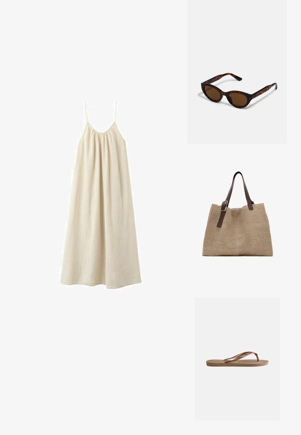 Løs, ærmeløs beige maxikjole med tynde spaghettistropper og rynket halsudskæring, lavet af let tekstureret stof.; Brun gummiflipflop sandal med tekstureret sål og mærket V-formede remme på en ensartet lys baggrund.; Brune skildpadde solbriller med en vintage katteøje-form og brune linser. Har buede arme med røde detaljer.; Beige vævet taske med to mørkebrune justerbare læderremme og en sølvspænde på den ene rem.