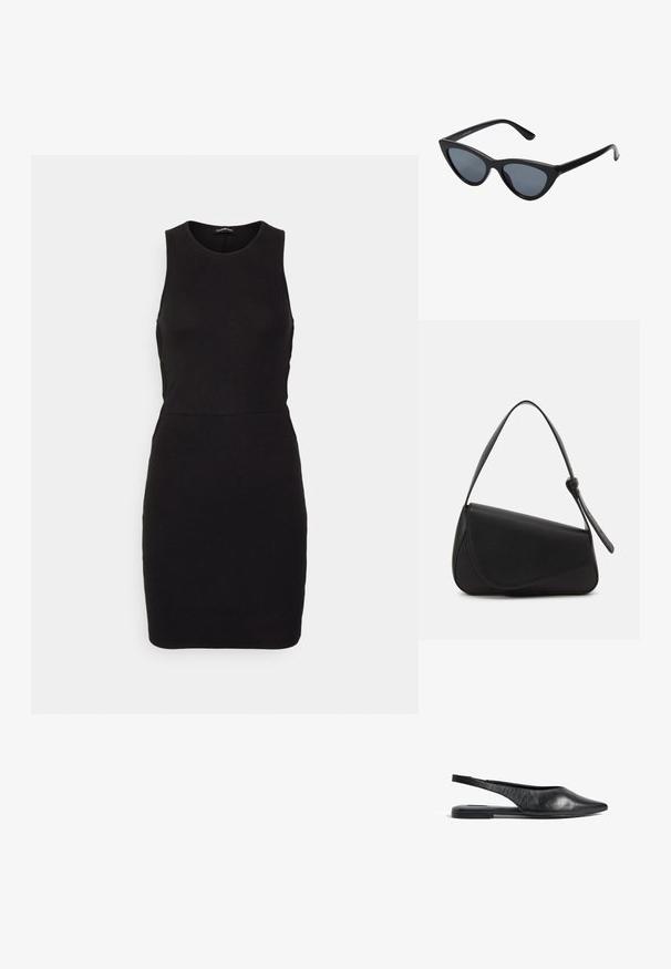 Even&Odd by Zalando Vestido de tubo - black; Bailarinas de piel negra con tira en el talón y punta afilada, de diseño minimalista. Cuentan con un perfil elegante y un tacón delgado para mayor estabilidad.; Gafas de sol negras en forma de ojo de gato con lentes gris oscuro, marco de plástico elegante, esquinas puntiagudas y patillas rectas. Sin herrajes ni acentos visibles.; Bolso de mano de cuero negro con forma triangular, tapa en ángulo y un asa superior redondeada. Presenta una textura suave y detalles de diseño minimalistas.