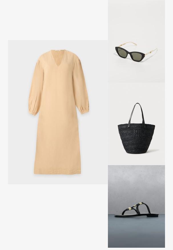 Robe midi beige à manches longues avec col en V, poignets froncés et un subtil détail brodé le long de l'ourlet sur un fond clair.; Sandale noire plate avec fines lanières et accents dorés, présentée en extérieur sur une surface en bois à motifs, avec un arrière-plan de verdure et un mur en béton.; Lunettes de soleil en œil de chat avec monture noire, verres gris et branches en métal doré avec un accent de type perle. Texture lisse et design angulaire.; Sac cabas tissé noir avec deux fines poignées en cuir et un logo tressé discret à l'avant, posé sur un fond clair.