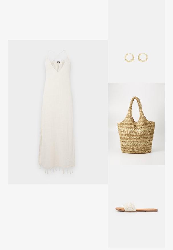 Vestido largo de un tono beige claro hecho de una tela texturizada. Presenta un escote en V profundo, finas tiras entrecruzadas y detalle de flecos a lo largo del dobladillo.; Sandalia deslizante blanca tejida con textura trenzada y cuentas decorativas, que cuenta con una plantilla suave en tono marrón y suela plana de goma.; Bolsa de tote de paja tejida con doble asa, que presenta un patrón de tejido abierto texturizado y un color beige natural, adecuada para uso casual.; Pendientes de aro de oro con una superficie texturizada e irregular. Presentan un diseño ligero y una forma circular, aptos para el uso diario.