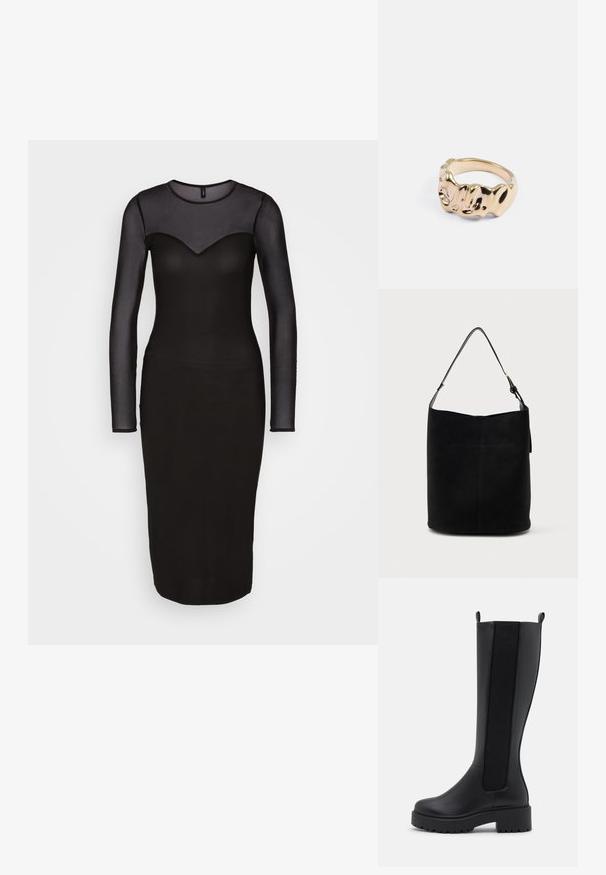 ONLY ONLSANSA DRESS - Etuikjole - black; Sorte knæhøje støvler med en glat læderoverflade, elastiske sidepaneler og en kraftig struktureret sål for godt greb.; Sort læder spandtaske med en enkelt justerbar skulderrem og minimalistisk syning foran.; Guldring med et struktureret, bølget design. Glat, poleret overflade med en buet ring. Viser en karakteristisk organisk form.