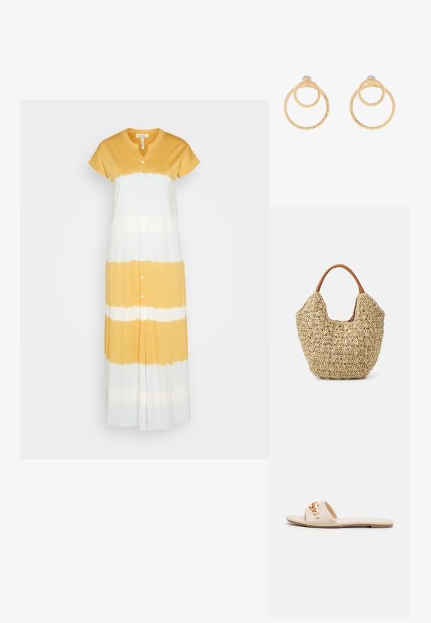 Thought TIE DYED SHIRT DRESS - Jerseykjole - multi; Beige slidesandaletter med åben tå, flad sål og dekorative metallkædeaccenter på stroppen. Glat materiale med minimal tekstur.; Vævet stråtasker med en naturlig tekstur og en blød, organisk form, der har brune læderhåndtag for nem bæring.; Guldfarvede hoopsøreringe med to sammenkoblede cirkler og en struktureret overflade. Designet med en glat og sikker bagbeklædning.
