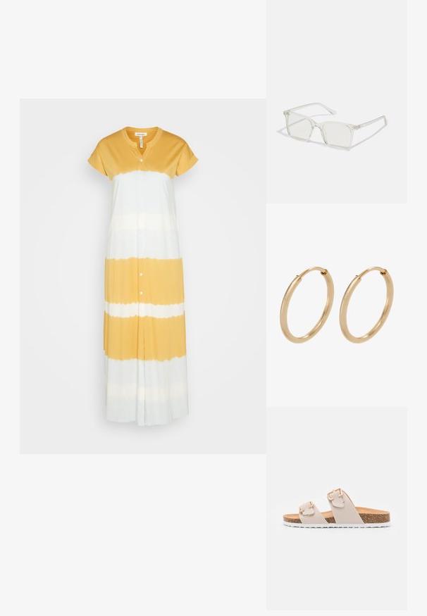 Thought TIE DYED SHIRT DRESS - Vestido ligero - multi; Sandalias deslizantes beige con dos correas ajustables y hebillas en tono dorado. Plantilla de corcho con una suela exterior de goma blanca texturizada.; Gafas cuadradas de plástico transparente con lentes translúcidos, que cuentan con acentos dorados en las patillas para un detalle adicional.; Pendientes de aro de oro con un acabado suave y pulido. Forma redondeada, tamaño mediano, con un mecanismo de cierre seguro.