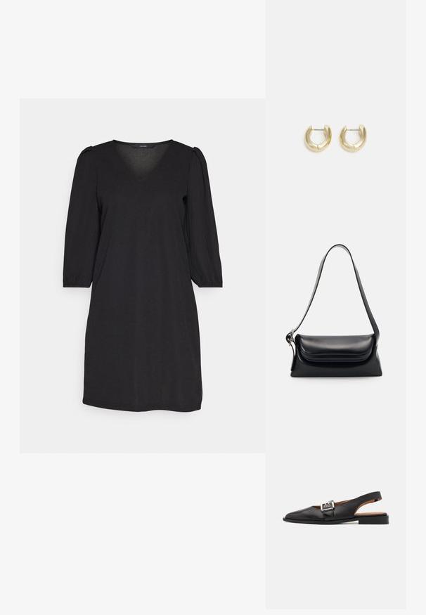 Vero Moda VMRITH SHORT DRESS - Päevakleit - black; Must must nahk slingback kingad terava ninaga, hõbedase sangaga detaili ja madala kontsaga. Sujuv tekstuur ja minimalistik disain.; Mustriga musta nahast käekott, millel on struktuurne kuju, sile tekstuur ja üks õlarihm. Omab peent, ümarat klappi.; Kuldkattega rõngaskõrvarõngad sujuva, poleeritud viimistlusega. Omavad poolringikujulist vormi ja turvalist postikinnitust.