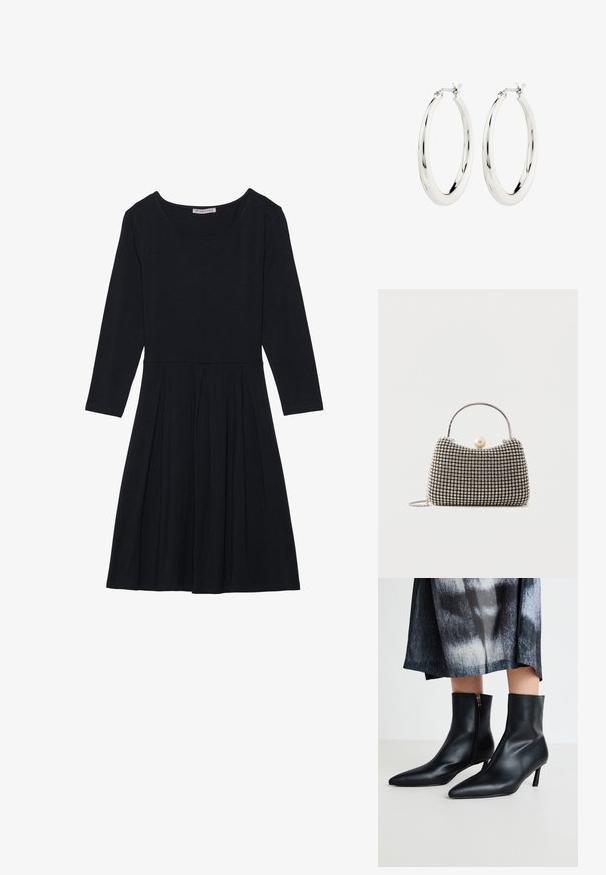 Schwarzes Kleid mit langen Ärmeln, rundem Ausschnitt und plissiertem Rock. Aus weichem Stoff gefertigt, zeichnet es sich durch ein einfaches und klassisches Design aus.; Schwarze Lederknöchelstiefel mit spitzem Zeh und einem Reißverschluss an der Seite, abgeschlossen mit einem schmalen Absatz. Glatte Textur und elegantes Design.; Kleine Handtasche mit silbernem Gittermuster, gebogenem Griff, großem Perlenverschluss und einem dünnen silbernen Kettenriemen auf schlichtem Hintergrund.; Silberne Creolen mit einer glatten, glänzenden Oberfläche. Kreisform, ausgestattet mit einem sicheren Verschluss. Einfaches und elegantes Design.