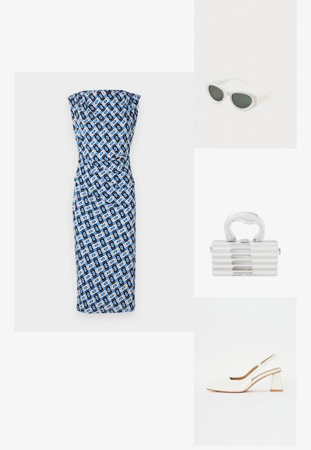 Tætsiddende, stropløs kjole i sort, blå og hvid geometrisk mønster. Glat stof med en rynket design ved taljen. Knælængde stil.; Hvide patentlæder slingback sko med spidse tæer og en geometrisk blokhæl. Indersiden har en tan indersål og minimale udskæringer på siden.; Hvide katteøje-solbriller med mørke polariserede linser og en ramme af genanvendt polycarbonat på en ensfarvet hvid baggrund.; Metallic sølv håndtaske med rektangulær form, udstyret med vandrette riller, et buet håndtag og en låsemekanisme på fronten.