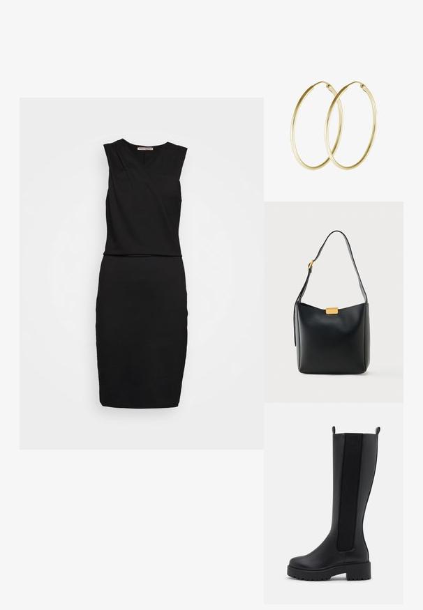 Anna Field Petite DRAPPED NECKLINE SMART BODYCON SLEEVELESS MINI DRESS - Jerseykjole - black; Sorte knæhøje støvler med en glat læderoverflade, elastiske sidepaneler og en kraftig struktureret sål for godt greb.; Sort læder skuldertaske med justerbar rem og lille rektangulær guldlås på en lys baggrund.; Guld hoops øreringe med et glat, rundt design og en blank finish. Letvægts konstruktion med en sikker låsemekanisme.