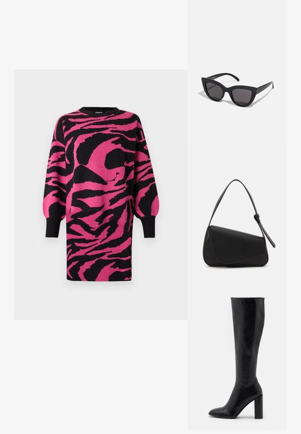 Strikket kjole med lyserødt og sort zebra-mønster, rund halsudskæring, lange ærmer og ribstrikkede sorte manchetter. Blød tekstur, knælængde design.; Knæhøje sorte læderstøvler med spids tå og kraftig hæl. Glat tekstur med minimale detaljer og et tætsiddende skaftdesign.; Sorte cat-eye solbriller med mat finish, der har grå tonede linser, skarpe vinkler og slanke sidearme. Mærkenavnet er synligt på den indre arm.; Sort læderhåndtaske med en triangular form, skrå klap og et rundt håndtag. Har en glat overflade og minimalistiske design detaljer.