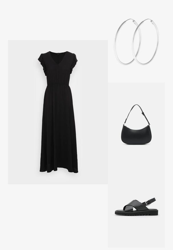 ONLY ONLMETTE - Maxi-jurk - black; Zwarte leren sandalen met een kruisbandontwerp, verstelbare gesp en een gestructureerde zool met ribbels voor grip.; Pieces PCALUANA SHOULDER BAG - Handtas - black; Zilverkleurige oorringen met een gladde, ronde vorm en een gepolijste afwerking. Beide oorbellen zijn van dezelfde grootte en hebben een veilige sluitmechanisme.