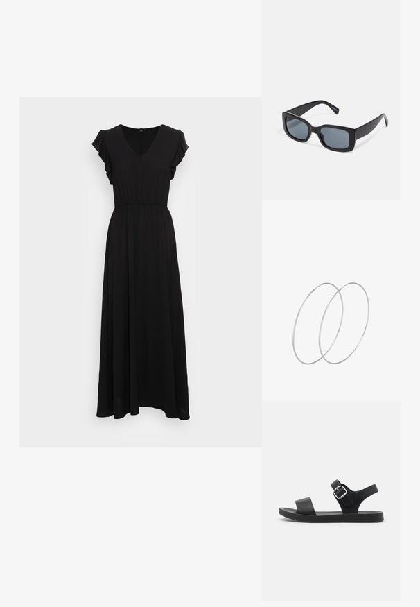ONLY ONLMETTE - Vestido largo - black; Sandalia negra con suela plana, hebilla ajustable, dos correas anchas y textura suave, diseñada para la comodidad y facilidad de uso.; Gafas de sol rectangulares negras con lentes oscuros, montura de plástico grueso y patillas anchas. Superficie lisa y diseño anguloso.; Pendientes de aro plateados con un diseño minimalista. Forma circular, textura suave y perfil delgado. Livianos con un acabado pulido.