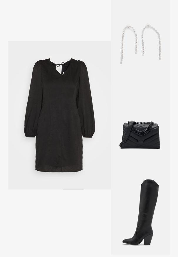 Zwarte jurk met een gestructureerde afwerking, V-hals, opgeblazen lange mouwen en een gegroepeerde taille. Heeft een strikdetail aan de achterkant.; RAID LAKELYN - Laarzen met hoge hak - black; Zwarte leren handtas met een chevronpatroon, een zwarte kettingriem en een magneetsluiting. Compacte vorm met een gestructureerd oppervlak.; Zilveren oorbellen met hangende kettingen, voorzien van meerdere heldere edelstenen die in een lineair patroon zijn gerangschikt, wat een schitterend effect geeft.
