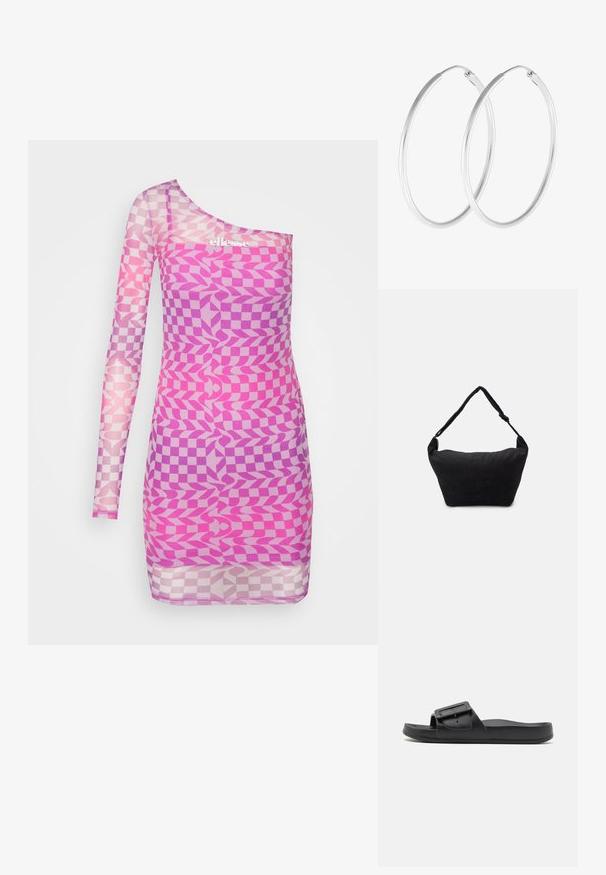 Ellesse FESTANA ONE SHOULDER DRESS - Robe de soirée - pink-smu; Sandale noire à semelle plate avec une large sangle, boucle ajustable et texture mate lisse. Design simple sans motifs supplémentaires.; Sac à épaule en tissu noir avec une surface texturée douce, de forme arrondie et une seule sangle. Design minimaliste sans accessoires ni quincaillerie visibles.; Boucles d'oreilles en argent, de forme ronde lisse et finition polie. Les deux boucles d'oreilles sont de la même taille et disposent d'un mécanisme de fermeture sécurisé.
