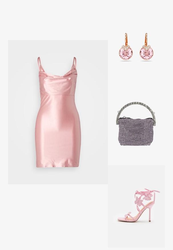 Vestido mini de satén rosa con tirantes finos, escote en cowl y una textura suave y brillante. Silueta ajustada y la línea del dobladillo cae a mitad del muslo.; Sandal de tacón alto rosa con acentos de mariposa, hecho de material suave. Cuenta con tirantes delgados y un tacón esbelto.; Pequeño bolso de noche rectangular cubierto de pedrería morada con un asa adornada con pedrería plateada y cierre de cremallera negra.; Pendientes de oro rosa con grandes cristales rosas con un grabado intrincado, complementados por pequeñas piedras decorativas transparentes.