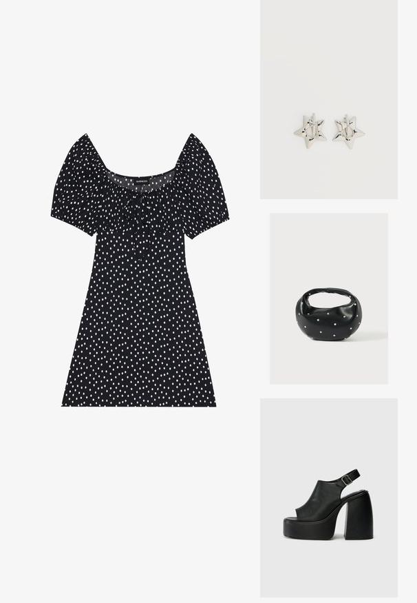 Schwarzes kurzes Kleid mit weißen unregelmäßigen Polka-Dots, Puffärmel, quadratischem Ausschnitt und Frontbindedetail.; Schwarze offene Plattformsandalen mit geschwungenem Design, Slingback-Riemen und klobigem Blockabsatz. Glatte Lederoberfläche, minimalistischer Stil.; Schwarze Lederhandtasche mit abgerundeter Form, verziert mit silbernen Nietenakzenten und kurzem Griff. Glatte Struktur und Reißverschlussverschluss.; Silberne, sternförmige Creolen mit einer glatten, polierten Oberfläche auf weißem, schlichtem Hintergrund.