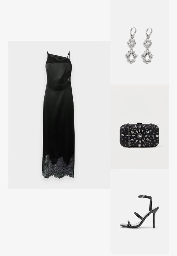 Mustade satiinkleitig dress, millel on üks õlg. Kleidil on laineline pitsäär ja külgedel lillemotiiviga pitsdetail. Ühtlane tekstuur kogu ulatuses.; Mustad nahast kõrge kontsaga sandaalid, millel on kolm horisontaalset rihma ja reguleeritav pahkluuri rihm. Sleek siluett ja läikiv viimistlus.; Mustvalge käekott, millel on ristküliku kuju, kaunistatud erinevate sädelejate lillemustriga, ning hõbedane keti kandmine.; Hõbedatoonilised kõrvarõngad, mis sisaldavad mitmeid läbipaistvaid kristalle tilgakuju ja marquise kujudes, koos lukustatavate riiulitega ja keeruka nikerdustega.