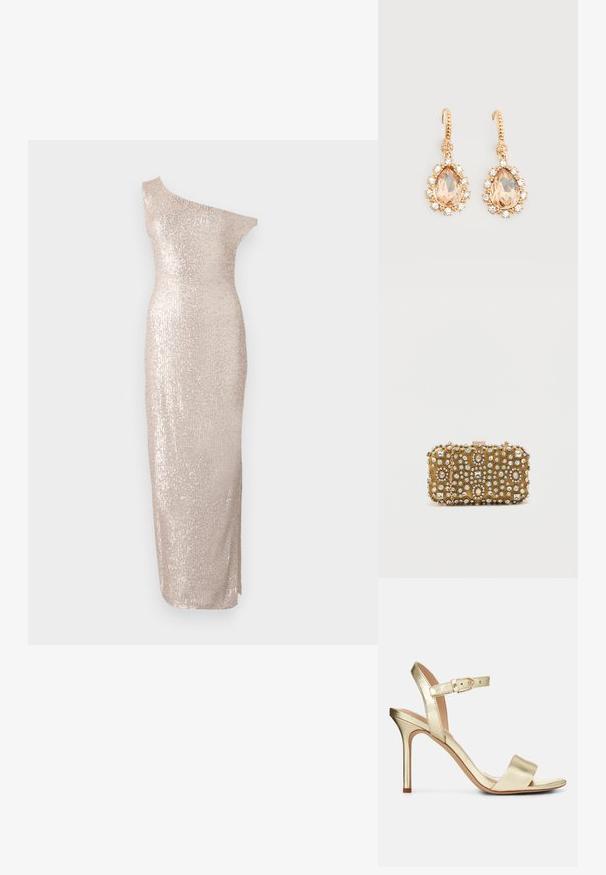 Knælang, one-shoulder kjole i lys beige med en tætsiddende silhuet, der har en paillet-tekstur og et strømlinet, lige design.; Guldmetallic, strop-sandale med høj hæl og spænde-lukning, åben tå og glat overflade. Har en slank, spids hæl.; Guldsynk med intrikate perle- og rhinestenforgyldelser. Firkantet form, lås med lukning og en aftagelig kædetræk.; Guld øreringe med kroge med store pæreformede ferskensten omgivet af små klare krystaller på en ensfarvet hvid baggrund.