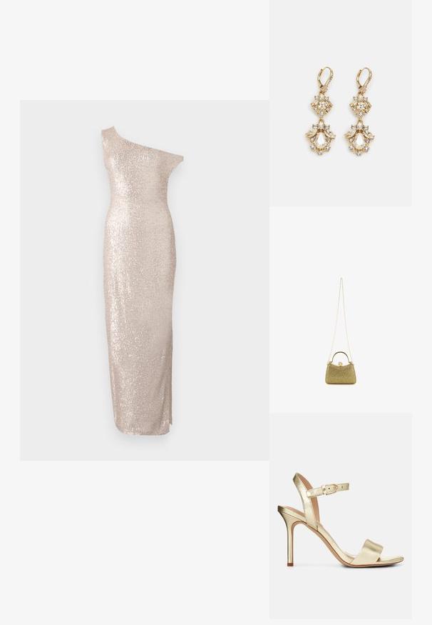 Knielanges Ein-Schulter-Kleid in hellbeige mit taillierter Silhouette, das eine Paillettenstruktur und ein elegantes, gerades Design aufweist.; Goldfarbene, metallische, geschnürte High-Heel-Sandale mit einer Schnallenverschluss, offenem Zehenbereich und glatter Textur. Verfügt über einen schmalen, spitzen Absatz.; Goldfarbene Mesh-Handtasche mit strukturiertem Design, metallischer Kettenriemen und rundem Deckelverschluss. Texturierte Oberfläche mit schimmerndem Finish.; Ohrringe mit Gold-Finish im Design eines Clusters, das runde und tropfenförmige klare Kristalle zeigt und aufwendige Details präsentiert.