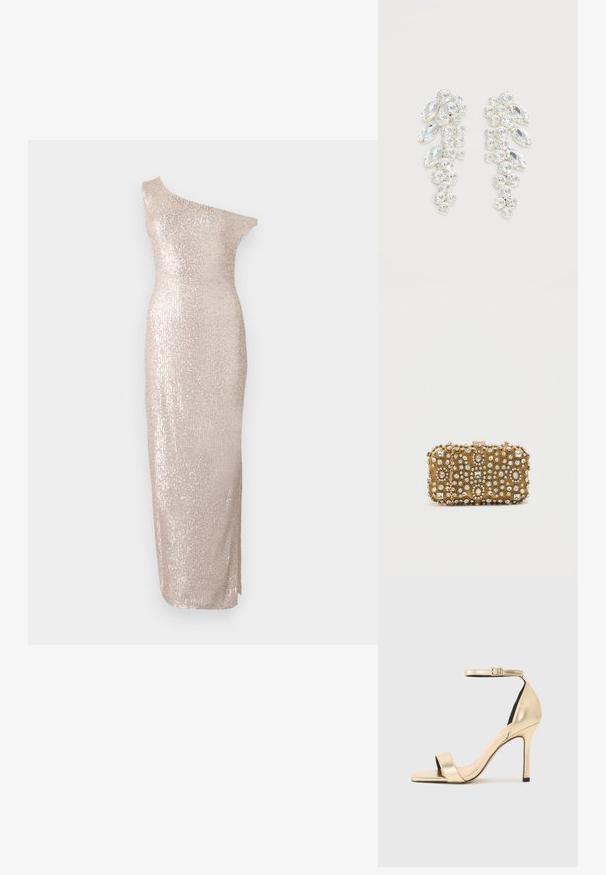 Vestido de longitud hasta la rodilla, de un solo hombro, en color beige claro con una silueta ajustada, que presenta una textura de lentejuelas y un diseño recto y elegante.; Sandal de tacón alto metálico dorado con una delgada tira en el tobillo, punta descubierta y un diseño elegante. Presenta una textura suave y detalles minimalistas.; Clutch dorado con intrincados adornos de cuentas y strass. Forma rectangular, cierre de broche y asa de cadena desmontable.; Par de pendientes en tono plateado con cristales claros facetados agrupados en formas redondas y marquesas sobre fondo blanco.