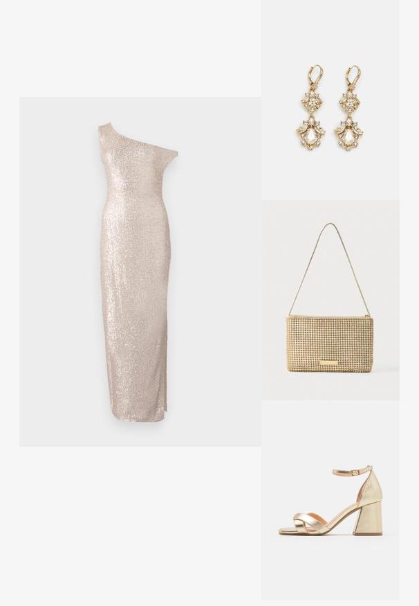Robe à une épaule, arrivant au genou, de couleur beige clair avec une silhouette ajustée, présentant une texture pailletée et un design lisse et droit.; Sandales avec talons en or métallisé, à talon block, à bout ouvert et design de lanières entrecroisées. La lanière de cheville dispose d'une fermeture à boucle.; Pochette dorée de forme rectangulaire, recouverte de strass argentés brillants. Dotée d'une fine bandoulière métallique et d'une fermeture éclair.; Boucles d'oreilles pendantes dorées présentant un design en grappe avec des cristaux clairs ronds et en forme de goutte, mettant en valeur des détails élaborés.
