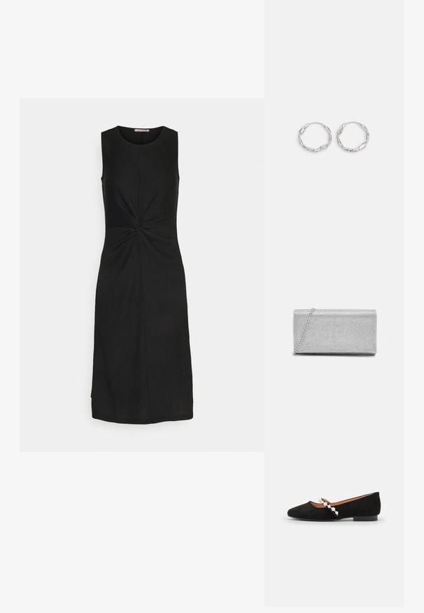 Anna Field Tall by Zalando Jerseykjole - black; Sorte ruskind balletflade med spids tå, der har en dekorativ rem prydet med hvide perler og en lav hæl.; Sølvmetallic clutchtaske med vævet netdesign, rektangulær form og en kædestrop til at bære. Glat tekstur og poleret finish.; Sølv hoops med en bølget, uregelmæssig tekstur. Har en tynd, cirkulær form og en reflekterende finish.