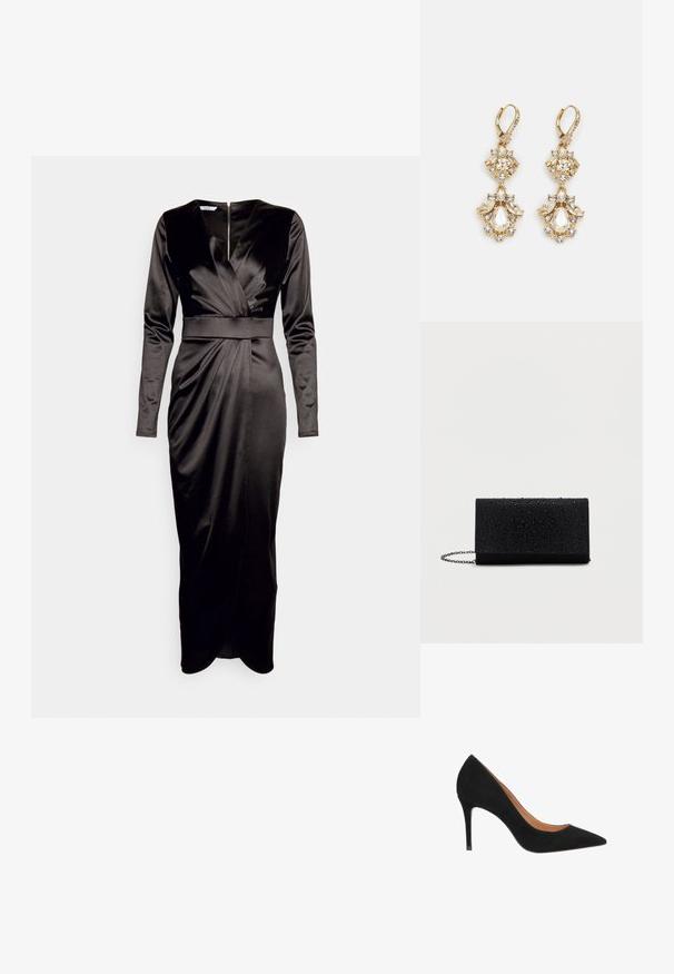 WAL G. REANA LONG SLEEVE MIDI - Vestido de cóctel - black; Zapato de tacón alto de ante negro con puntera afilada, diseño elegante y tacón de aguja. Presenta un forro interior suave.; Billetera de mano negra con superficie texturizada que presenta gotas elevadas, forma rectangular, correa de cadena y diseño minimalista.; Pendientes colgantes en tono dorado con un diseño de racimo que incluye cristales claros en forma redonda y de lágrima, mostrando un detallado intrincado.