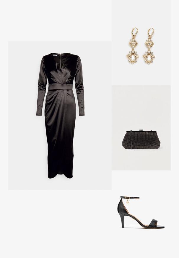 WAL G. REANA LONG SLEEVE MIDI - Vestido de cóctel - black; Sandalia de tacón alto de cuero negro con una sola cinta sobre los dedos, cinta en el tobillo, herrajes dorados y un esbelto tacón de aguja.; Bolso de mano negro de malla con una silueta estructurada, adornado con pequeños tachuelas metálicas, que cuenta con un cierre de broche y una correa de cadena desmontable.; Pendientes colgantes en tono dorado con un diseño de racimo que incluye cristales claros en forma redonda y de lágrima, mostrando un detallado intrincado.