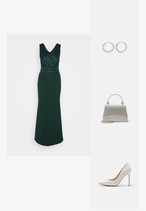 WAL G. BONNIE DRESS - Jerseykjole - forest green; Hvid patentlæder højhælet pumpe med spids tå og slank stiletto-hæl, der har en glat overflade og en beige inderside.; ALDO FELISIA - Håndtasker - silver-coloured; Sølv hoops med en bølget, uregelmæssig tekstur. Har en tynd, cirkulær form og en reflekterende finish.