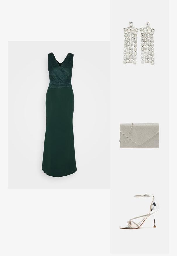 WAL G. BONNIE DRESS - Vestido ligero - forest green; Sandalia de tacón alto plateada con un diseño de tiras, material brillante, acentos de strass y una correa delgada en el tobillo. Punta cuadrada y tacón pulido.; Bolso de mano metálico plateado con diseño de sobre, embellecido con un patrón texturizado, que incluye una correa de cadena desmontable.; Pendientes de gota de cristal con un acabado en tono plateado, adornados con múltiples piedras recortadas en forma rectangular y cuadrada dispuestas en filas en cascada.