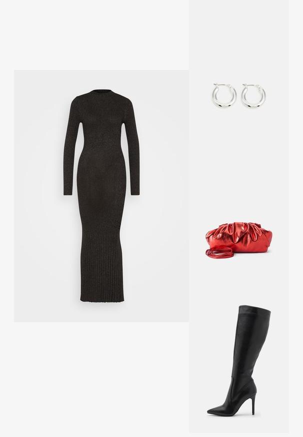 Robe maxi noire en knit côtelé avec manches longues, col montant et silhouette ajustée, dotée d'un tissu texturé sur l'ensemble.; RAID KIYOMI - Bottes - black; Sac à main métallique rouge au design froncé et bouffant. Il possède une longue bandoulière fine et une texture lisse et brillante.; Boucles d'oreilles en argent avec une finition polie, présentant une forme circulaire et une fermeture à charnière. Texture lisse avec un minimum de détails.