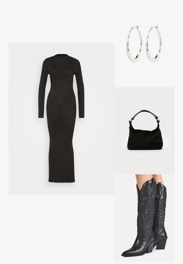 Zwart geribbelde maxi jurk met lange mouwen, hoge halslijn en een figure-hugging silhouet, met een textuurdoek overal.; Zwarte leren cowboylaarzen met spitse neuzen, decoratieve stiksels en schuine blokhakken gedragen door een persoon.; Zwarte neplederen handtas met een zachte textuur, ronde vorm en een stevige zwartleren schouderband. Zilveren hardwareaccenten zichtbaar.; Zilveren oorbellen in de vorm van een gladde, glanzende ring. Circulaire vorm, voorzien van een veilige sluiting. Eenvoudig en elegant ontwerp.